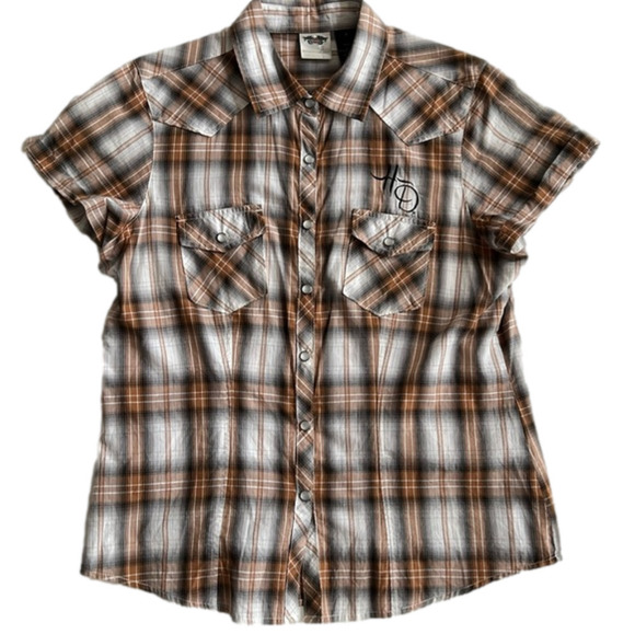 Harley Davidson Short Sleeve Brown Plaid Snap Button Down Blouse - Picture 1 of 9